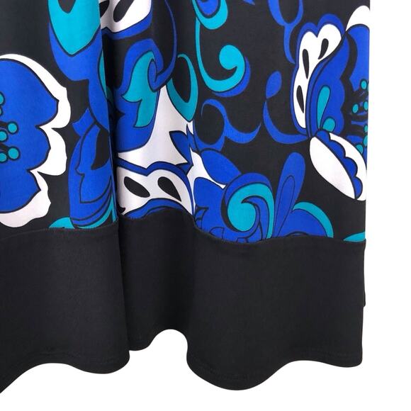 Rabbit Rabbit Rabbit Blue Floral Fit & Flare Dress Sleeveless Black Trim V Neck - Picture 12 of 16